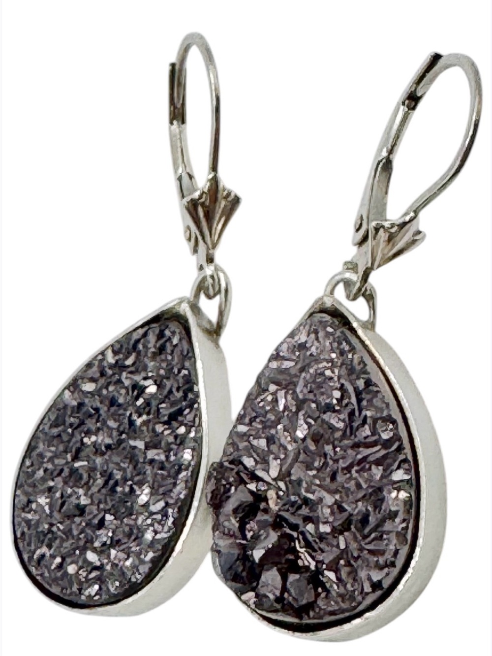 Sterling Silver Aura Druzy Lever-back Earrings for pierced ears.